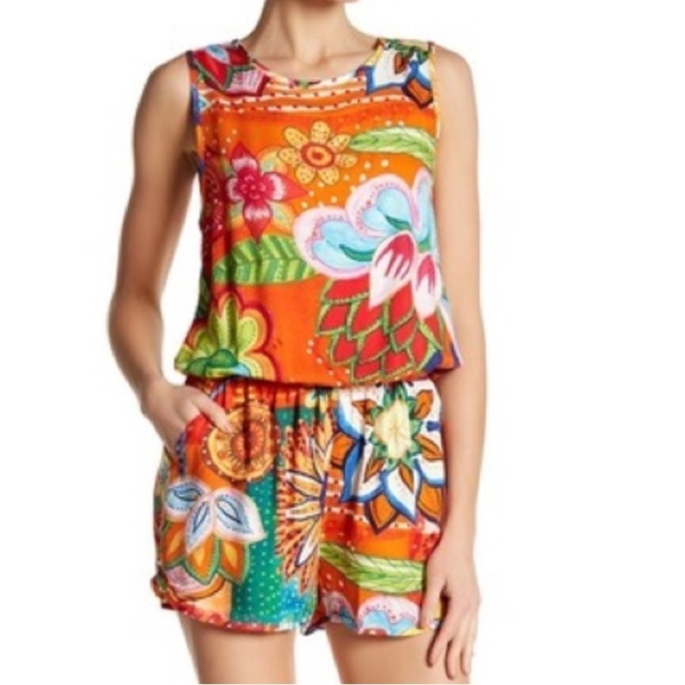 Desigual Romper Multi Color Floral Sz 4 Mandarin Orange Sleeveless Romper